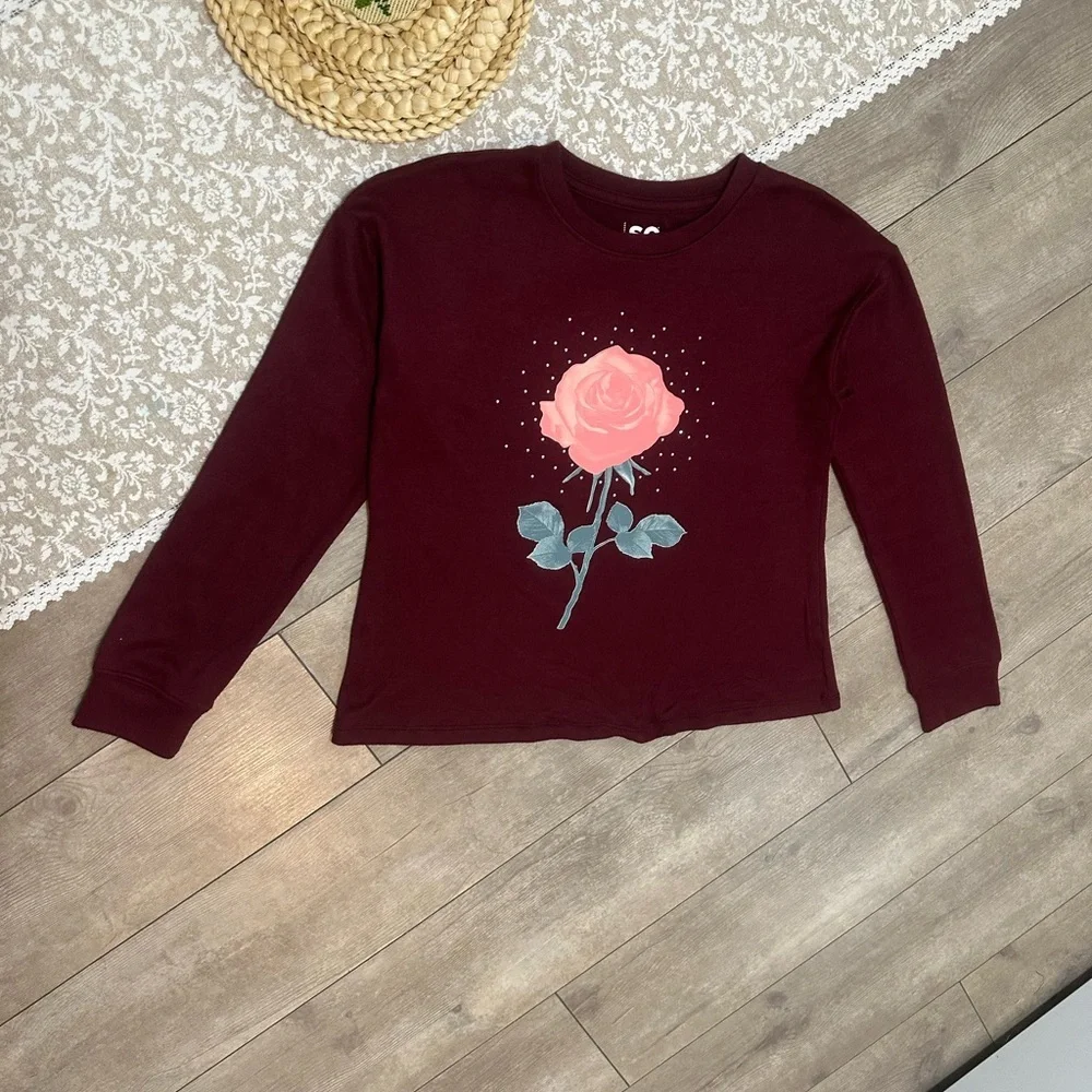 New SO Girls Rose Floral Graphic Long Sleeve Pullover Buttery Soft Size Large